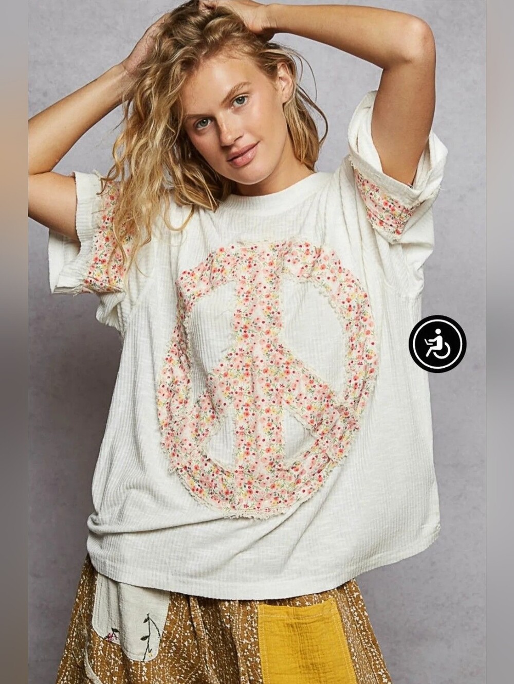 POL NWOT White Long Sleeve Top with Floral Peace Sign - Picture 2 of 5